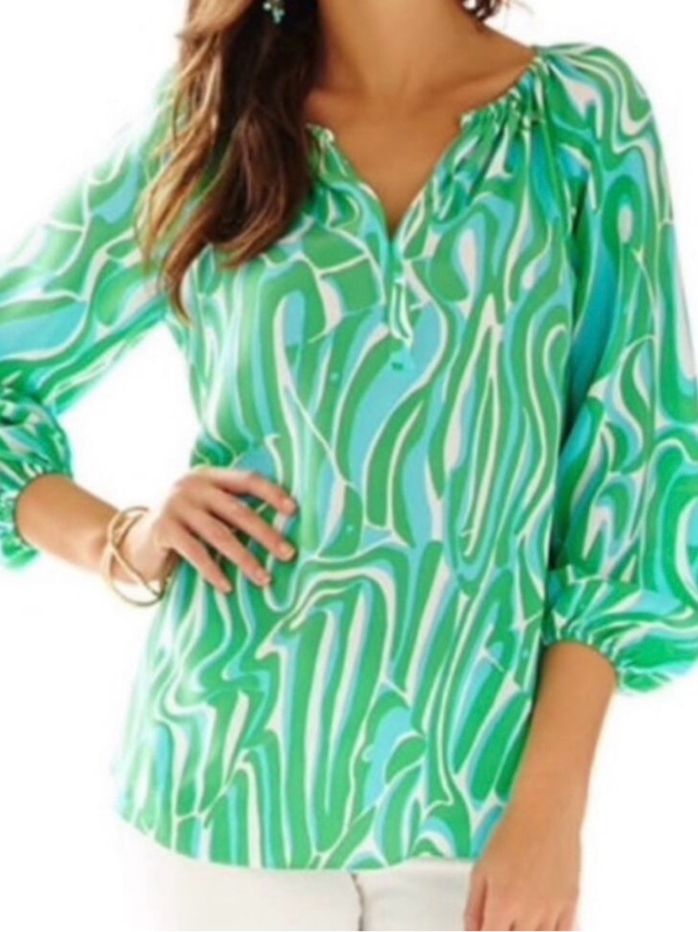 Women’s Green Patterned Peasant Blouse - Unknown Brand